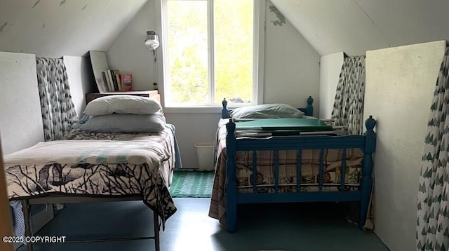 bedroom featuring lofted ceiling