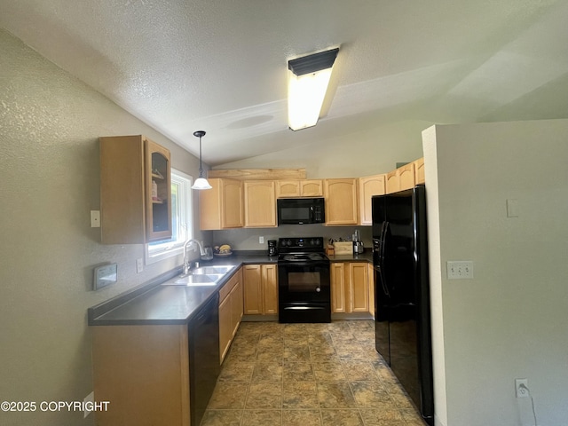 kitchen with light brown cabinetry, hanging light fixtures, black appliances, and sink