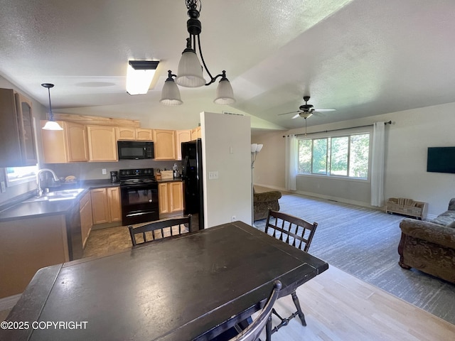 dining space featuring lofted ceiling, sink, light wood-type flooring, ceiling fan, and a textured ceiling