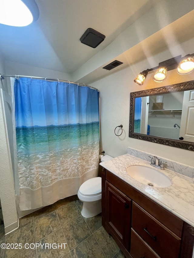 bathroom featuring vaulted ceiling, vanity, and toilet