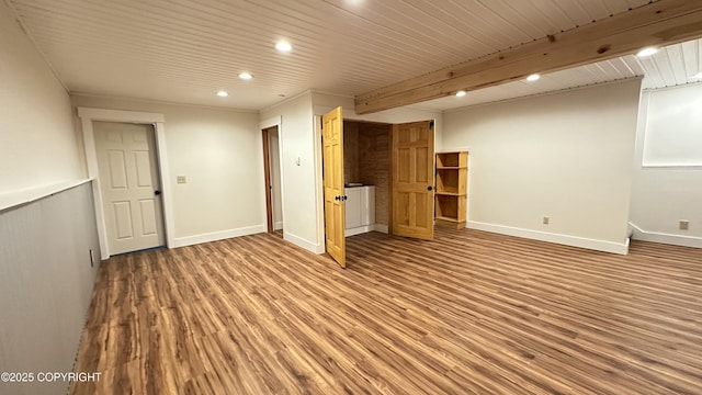 interior space featuring wood-type flooring and beamed ceiling