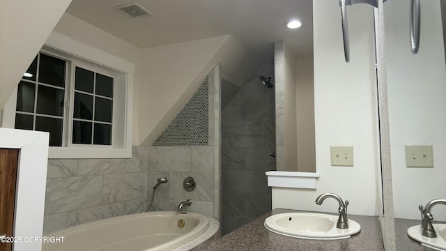 bathroom with separate shower and tub and vanity