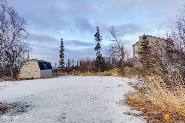 snowy yard with a storage shed