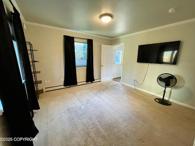 interior space featuring light colored carpet, ornamental molding, and a baseboard radiator