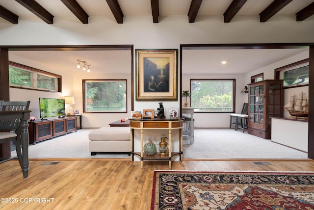 living room with beamed ceiling and hardwood / wood-style flooring