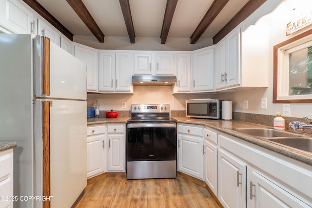 kitchen featuring light hardwood / wood-style floors, white cabinetry, beam ceiling, and appliances with stainless steel finishes