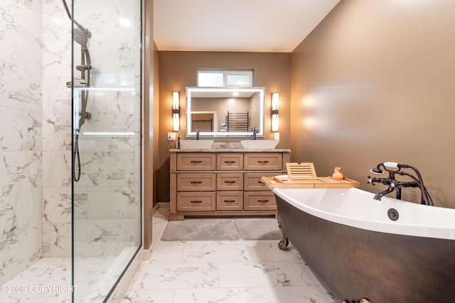 bathroom with independent shower and bath and vanity