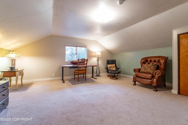 office featuring a textured ceiling, carpet floors, and vaulted ceiling