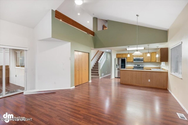 unfurnished living room featuring high vaulted ceiling, sink, and dark hardwood / wood-style floors