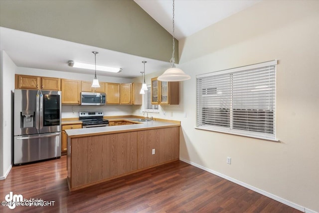 kitchen with kitchen peninsula, dark wood-type flooring, decorative light fixtures, and stainless steel appliances