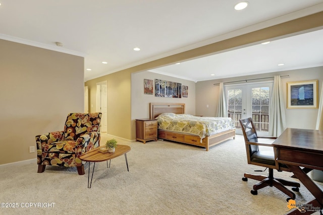 bedroom with access to exterior, french doors, light carpet, and baseboards