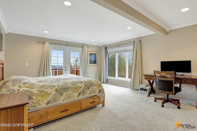 bedroom with recessed lighting, light carpet, access to exterior, french doors, and crown molding