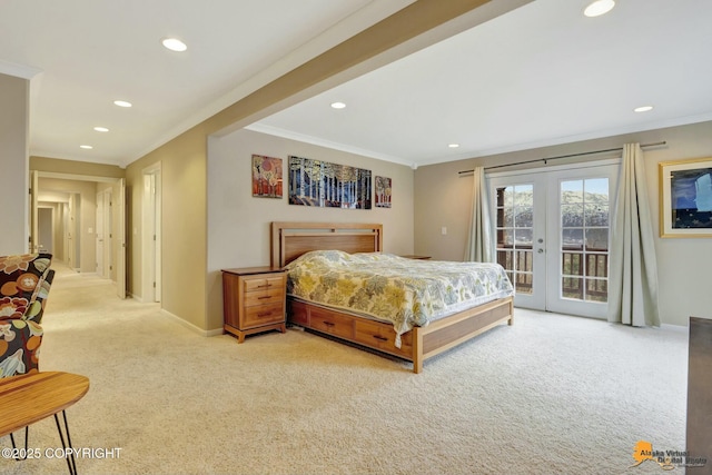 bedroom featuring access to exterior, baseboards, crown molding, and french doors