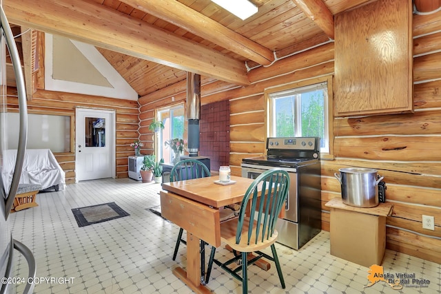 dining area featuring beamed ceiling, wood ceiling, and rustic walls