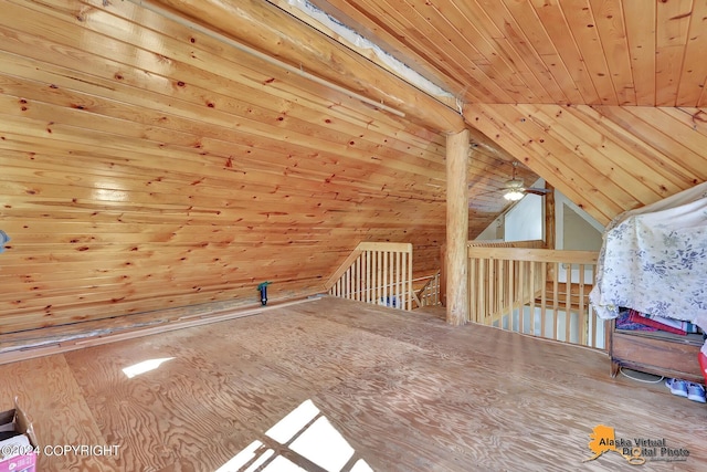 additional living space featuring lofted ceiling, wooden walls, ceiling fan, and wood ceiling