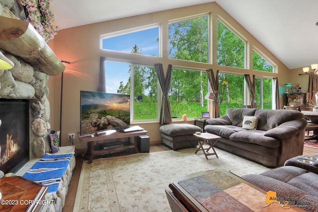 living room featuring lofted ceiling, a fireplace, and hardwood / wood-style flooring