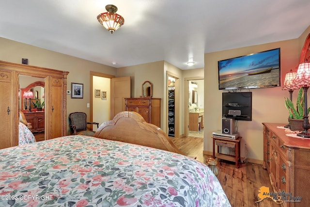 bedroom with a walk in closet, light hardwood / wood-style flooring, connected bathroom, and a closet