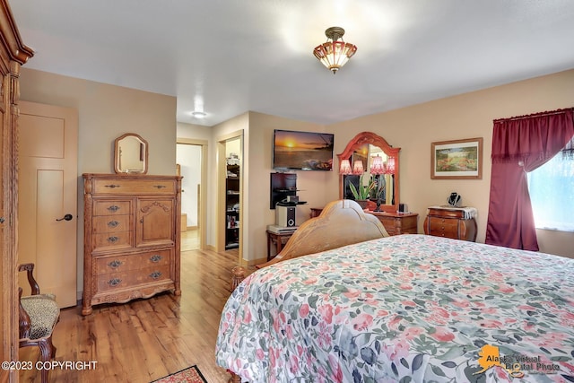 bedroom with light hardwood / wood-style flooring and a closet