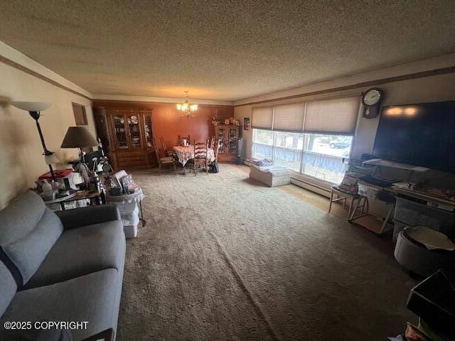 carpeted living room featuring a textured ceiling and a notable chandelier