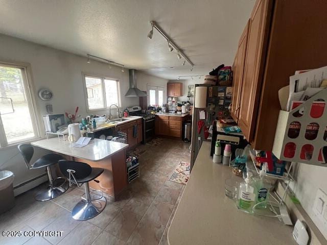 kitchen featuring a sink, stainless steel gas stove, wall chimney range hood, brown cabinets, and rail lighting