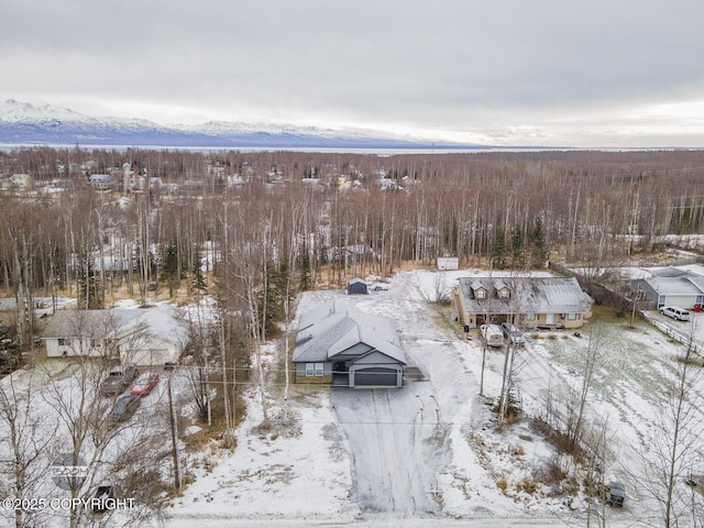 snowy aerial view featuring a mountain view