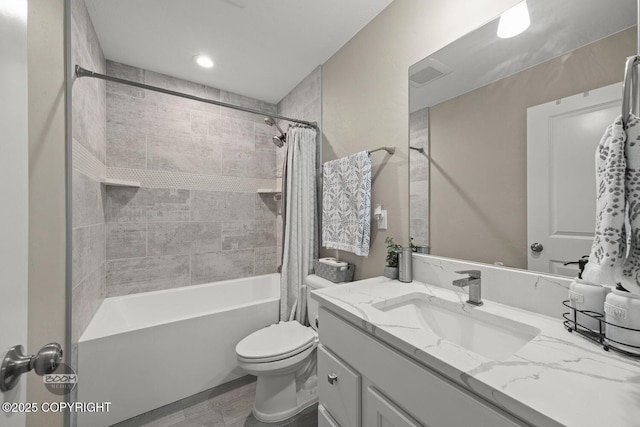 full bathroom featuring toilet, vanity, and shower / bathtub combination with curtain