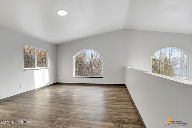 spare room featuring hardwood / wood-style flooring and vaulted ceiling