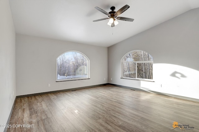 spare room featuring ceiling fan and light wood-type flooring