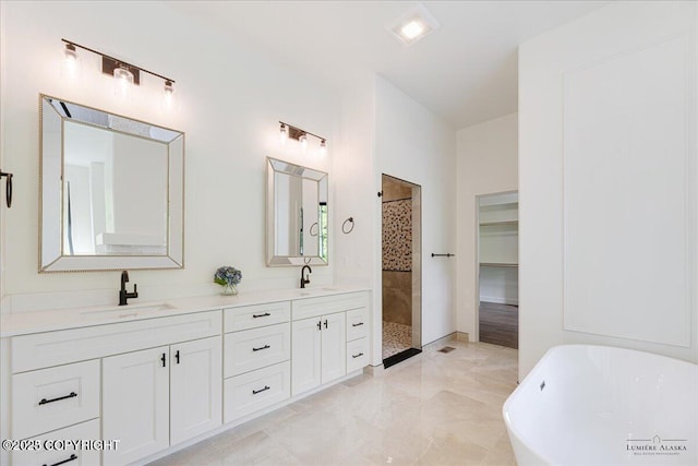 1690 W Valley Ridge Dr, Wasilla, AK 99654 - full bath featuring a tile shower, double vanity, and a freestanding tub