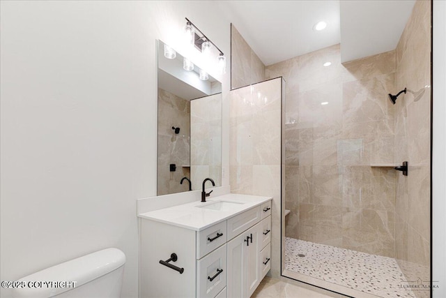 1690 W Valley Ridge Dr, Wasilla, AK 99654 - full bathroom featuring toilet, vanity, tiled shower, and recessed lighting