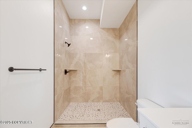 1690 W Valley Ridge Dr, Wasilla, AK 99654 - full bathroom with toilet, tiled shower, and recessed lighting
