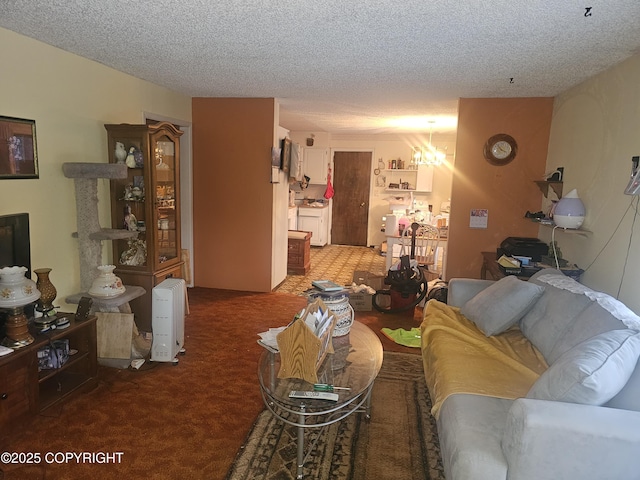 8400 George Ct, Anchorage, AK 99516 - carpeted living room featuring a textured ceiling and an inviting chandelier