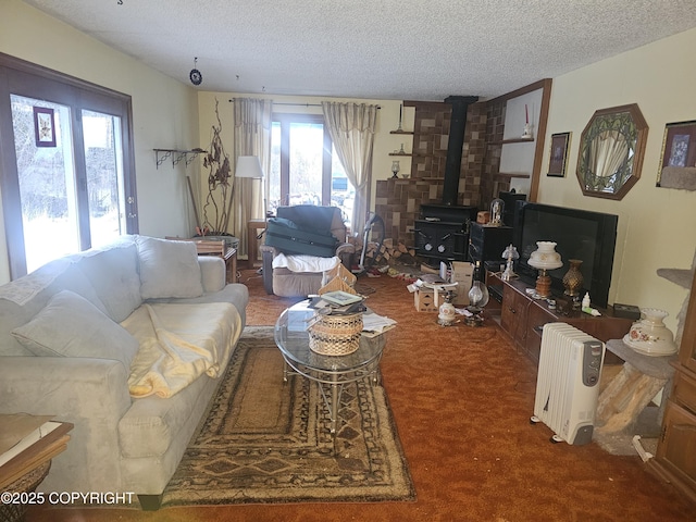 8400 George Ct, Anchorage, AK 99516 - carpeted living room with a wood stove and a textured ceiling
