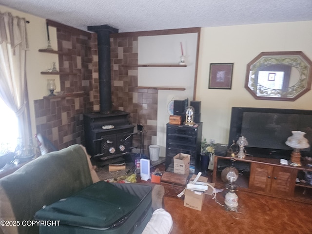 8400 George Ct, Anchorage, AK 99516 - living room featuring a wood stove and a textured ceiling