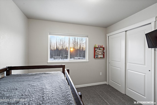 unfurnished bedroom featuring dark colored carpet and a closet