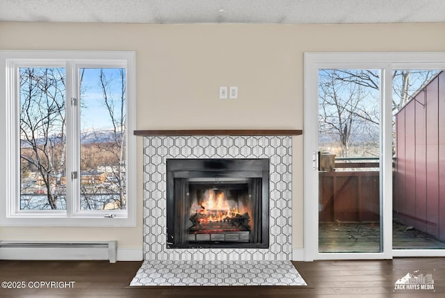 details featuring hardwood / wood-style floors, a fireplace, baseboard heating, and a textured ceiling