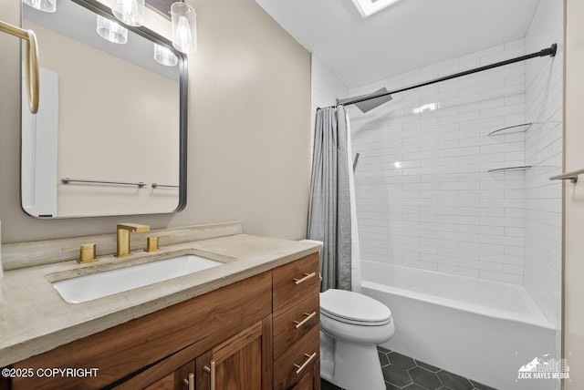 full bathroom with toilet, tile patterned flooring, shower / tub combo with curtain, and vanity