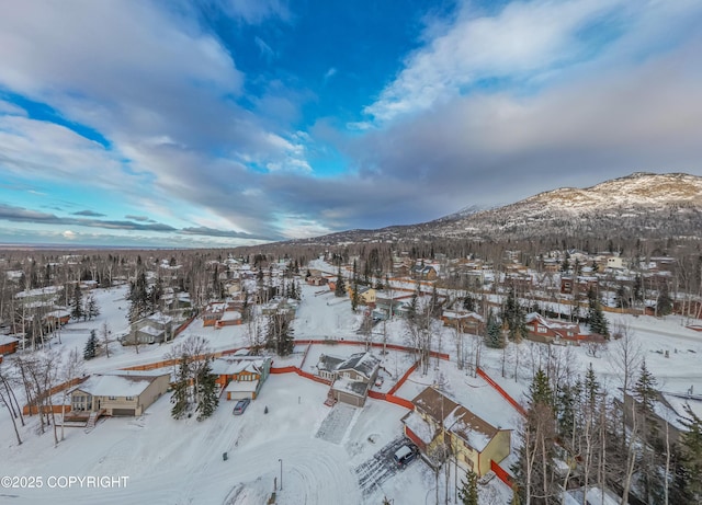 snowy aerial view with a mountain view