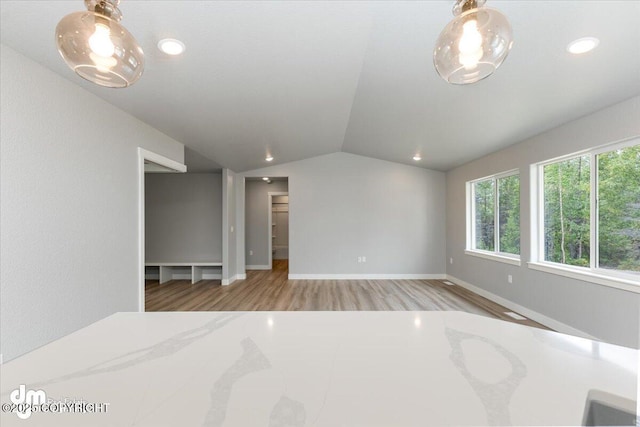 unfurnished bedroom featuring lofted ceiling, light wood-type flooring, and a closet