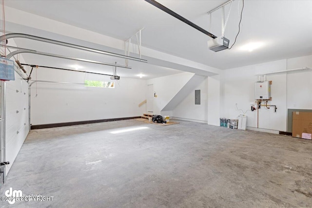 garage with a garage door opener, tankless water heater, and electric panel