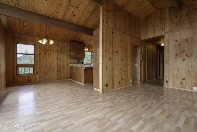 unfurnished living room featuring an inviting chandelier, light wood-type flooring, and plenty of natural light