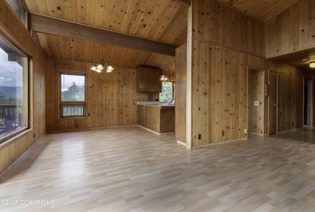 interior space featuring beamed ceiling, light wood-type flooring, wooden ceiling, and a chandelier