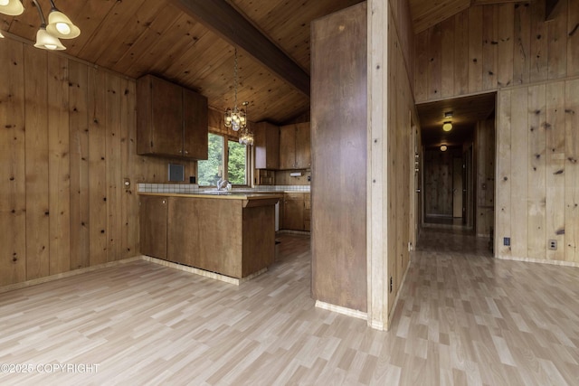 kitchen featuring wood ceiling, wood walls, kitchen peninsula, beamed ceiling, and light hardwood / wood-style flooring