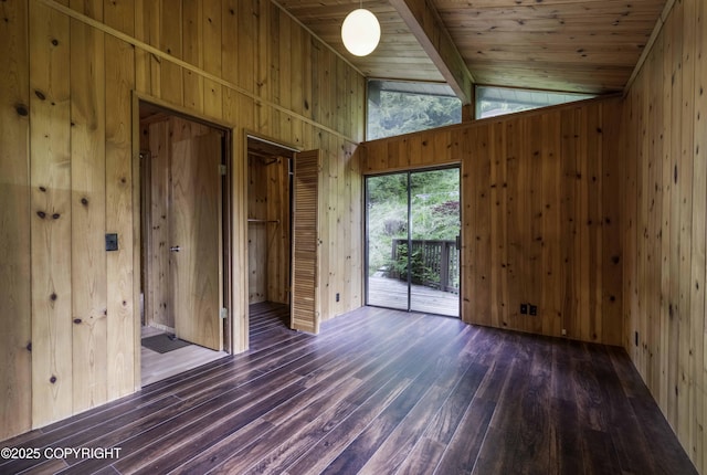 spare room with dark wood-type flooring, wooden walls, and wood ceiling