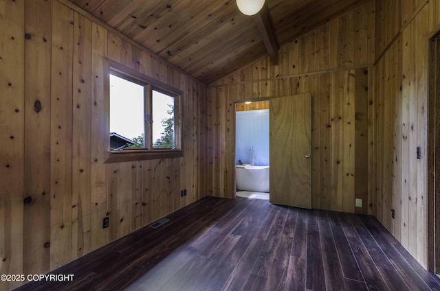 spare room featuring wood ceiling, dark wood-type flooring, lofted ceiling with beams, and wood walls