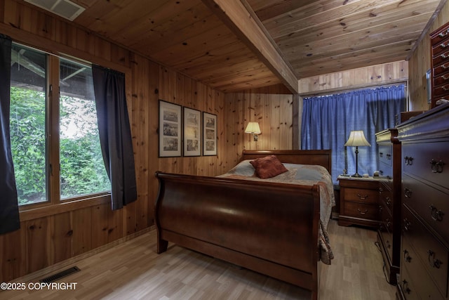 bedroom featuring light hardwood / wood-style floors, wood ceiling, and wood walls