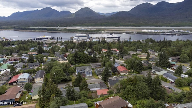 birds eye view of property featuring a water and mountain view