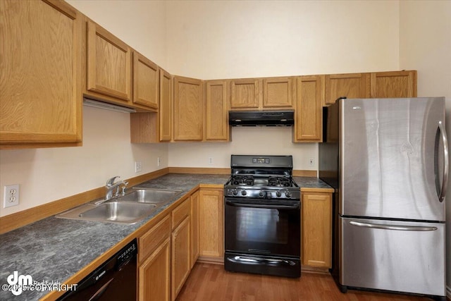 kitchen featuring light wood-type flooring, black appliances, and sink