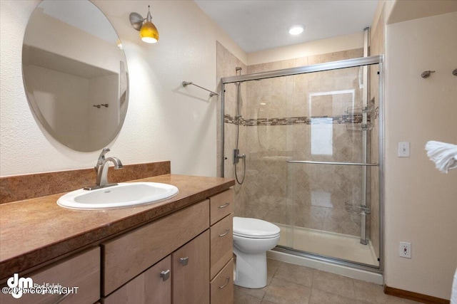 bathroom featuring walk in shower, tile patterned flooring, vanity, and toilet