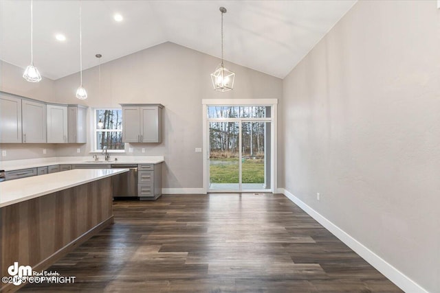 kitchen featuring sink, high vaulted ceiling, gray cabinets, dishwasher, and pendant lighting